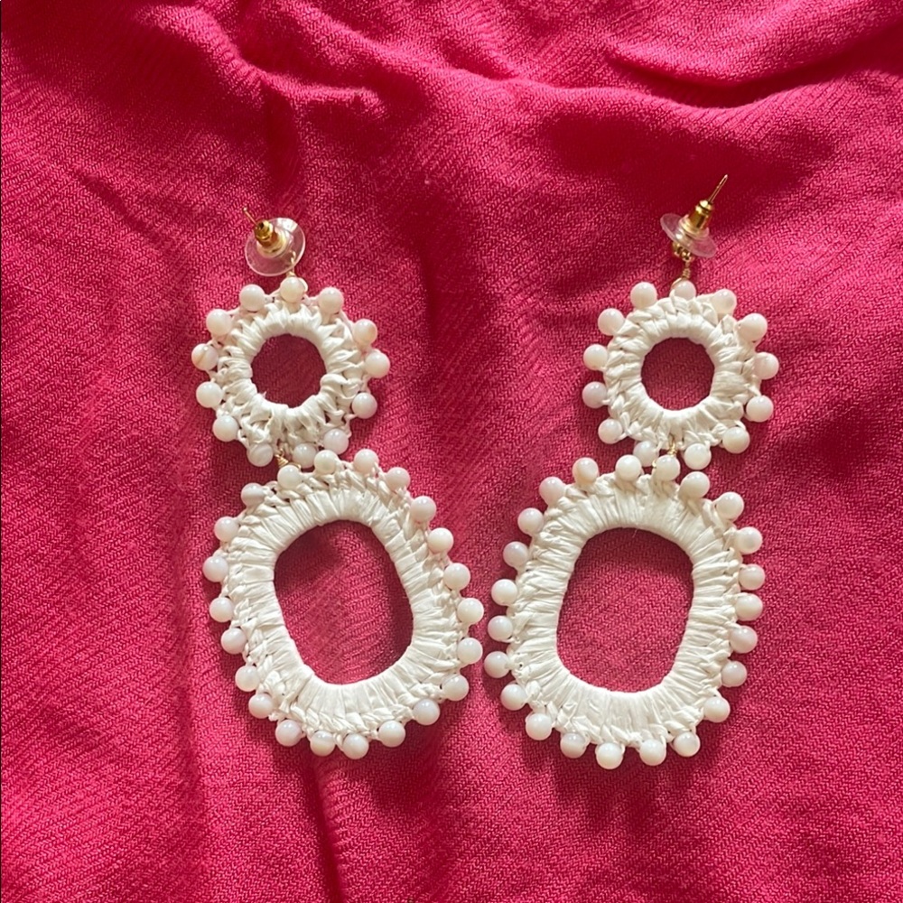 Panacea White Beaded Raffia Hoop Earrings